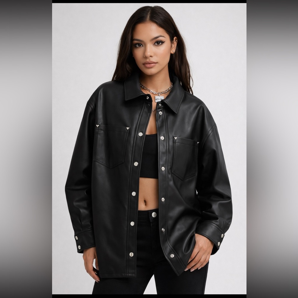 Juicy Couture Black Faux Leather Quilted Jacket Shacket XXL Y2K Chain Detail